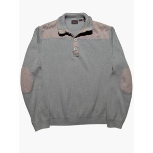 Esprit Gray Knit Mock Neck Sweater‎ L 4 Button Placket Elbow Patches Pullover